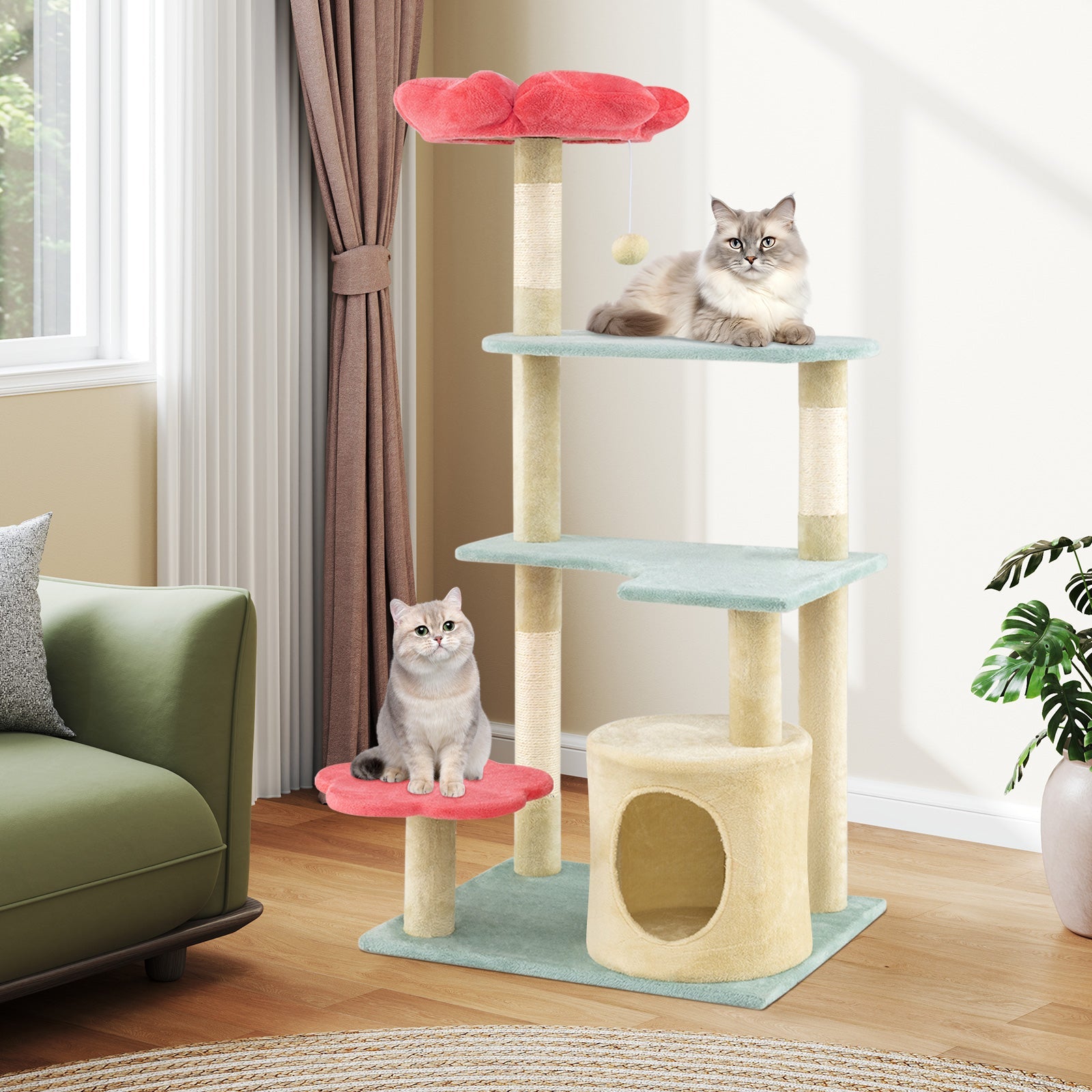 123 cm Tall Cat Tree, Multi-Level Aesthetic Floral Kitten Tower w/Flower-Shaped Plush Padded Perch