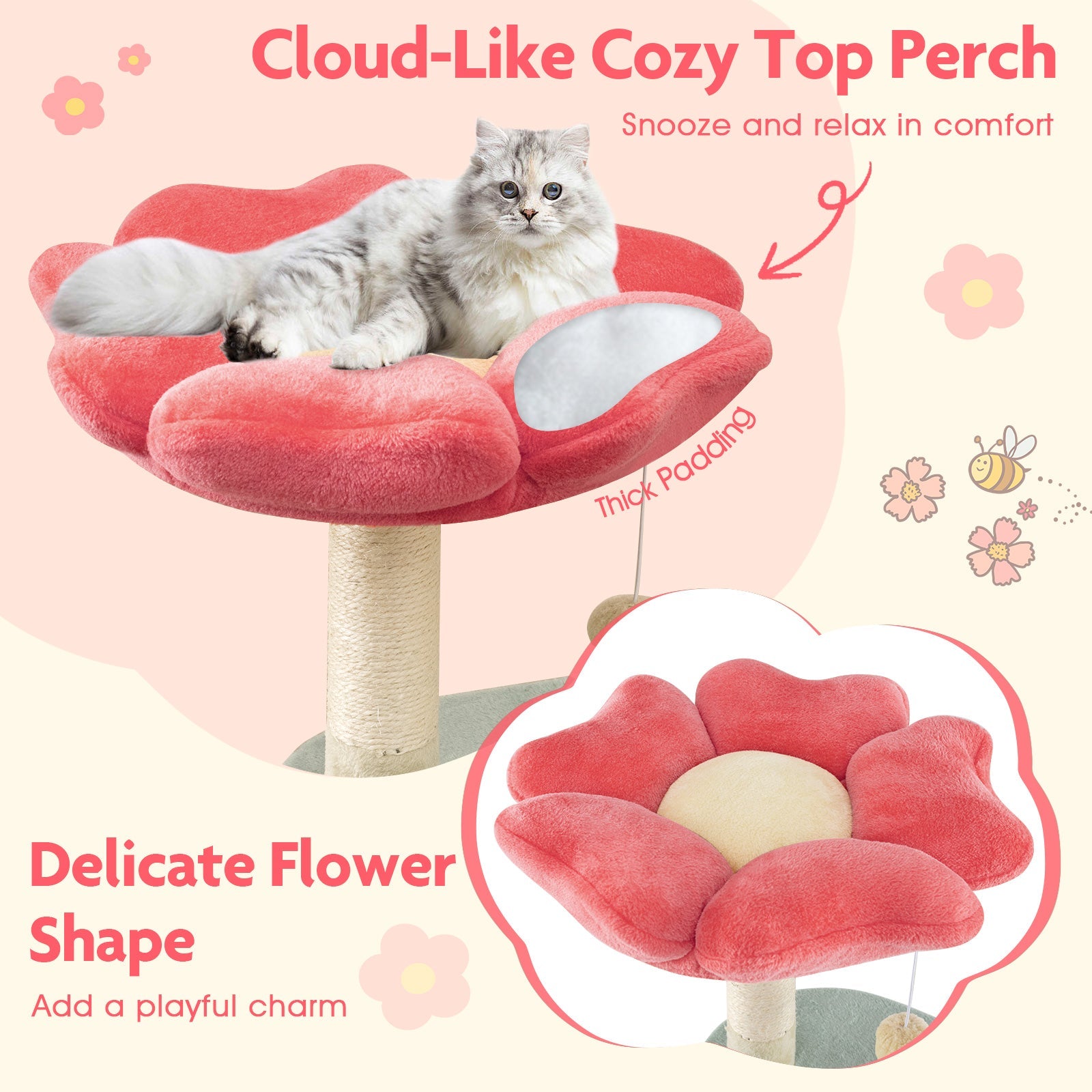 123 cm Tall Cat Tree, Multi-Level Aesthetic Floral Kitten Tower w/Flower-Shaped Plush Padded Perch