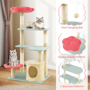 123 cm Tall Cat Tree, Multi-Level Aesthetic Floral Kitten Tower w/Flower-Shaped Plush Padded Perch