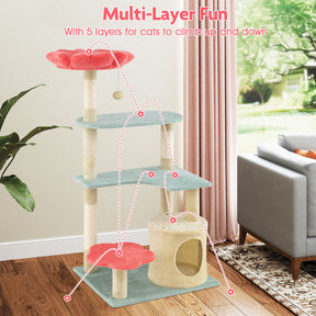 123 cm Tall Cat Tree, Multi-Level Aesthetic Floral Kitten Tower w/Flower-Shaped Plush Padded Perch