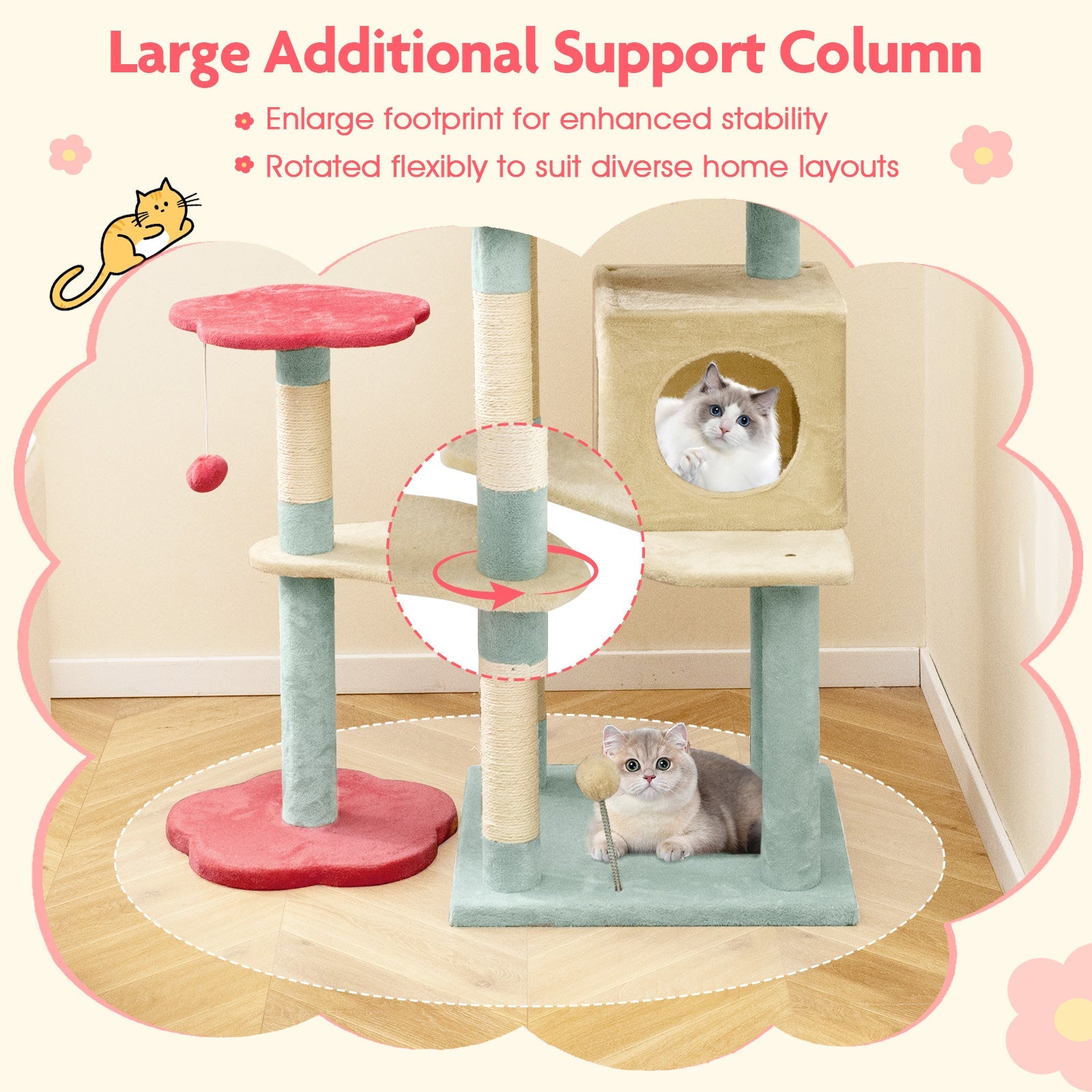 155 cm Tall Cat Tree, Multi-Level Aesthetic Floral Kitten Tower w/Flower-Shaped Plush Padded Perch