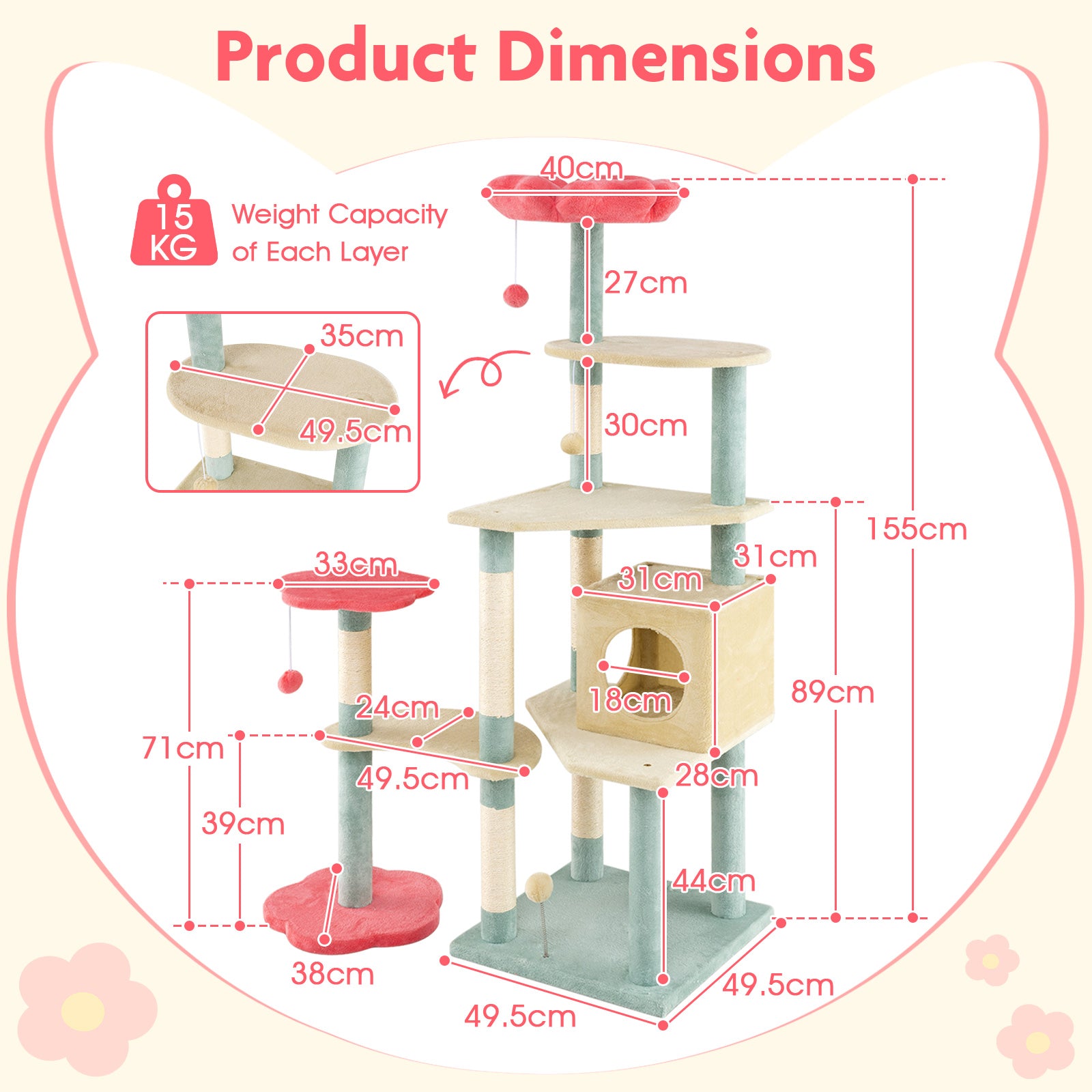 155 cm Tall Cat Tree, Multi-Level Aesthetic Floral Kitten Tower w/Flower-Shaped Plush Padded Perch