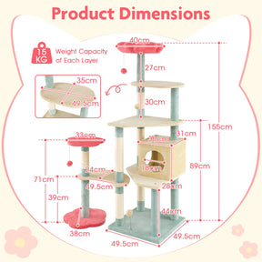 155 cm Tall Cat Tree, Multi-Level Aesthetic Floral Kitten Tower w/Flower-Shaped Plush Padded Perch