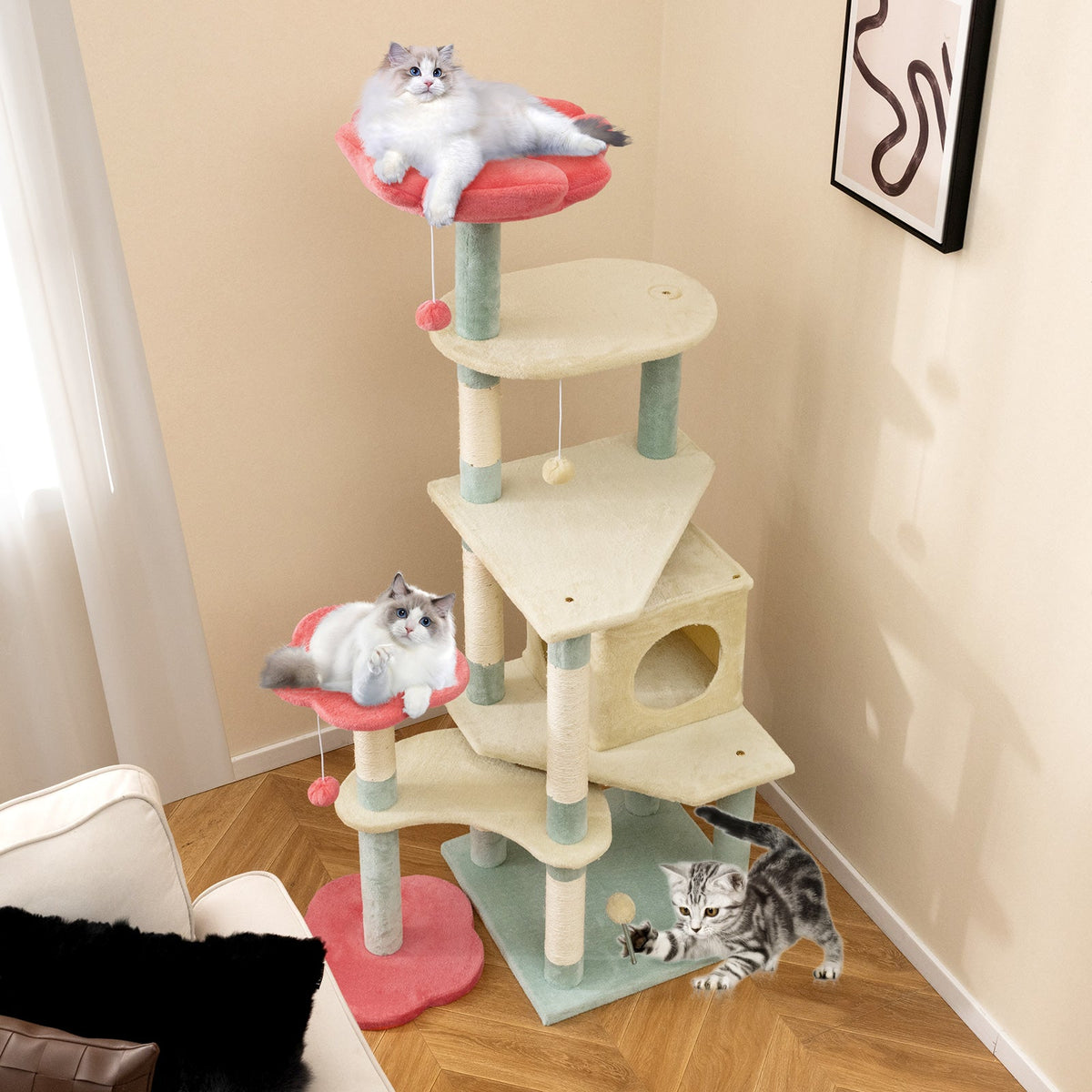 155 cm Tall Cat Tree, Multi-Level Aesthetic Floral Kitten Tower w/Flower-Shaped Plush Padded Perch