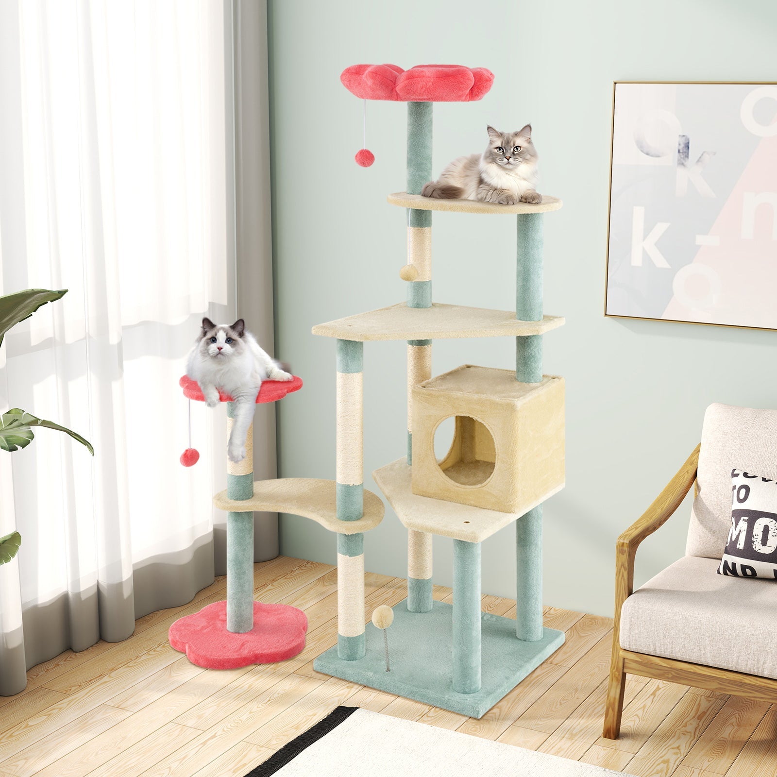 155 cm Tall Cat Tree, Multi-Level Aesthetic Floral Kitten Tower w/Flower-Shaped Plush Padded Perch