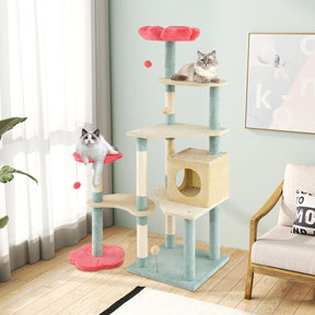 155 cm Tall Cat Tree, Multi-Level Aesthetic Floral Kitten Tower w/Flower-Shaped Plush Padded Perch