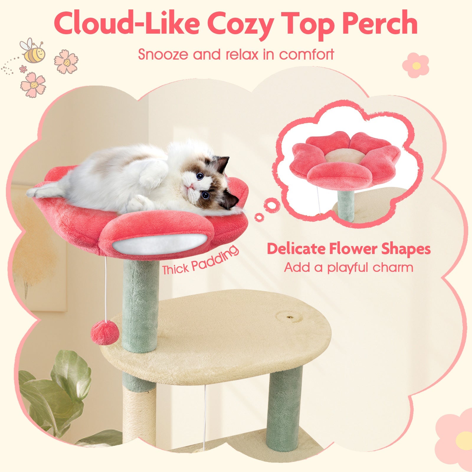155 cm Tall Cat Tree, Multi-Level Aesthetic Floral Kitten Tower w/Flower-Shaped Plush Padded Perch