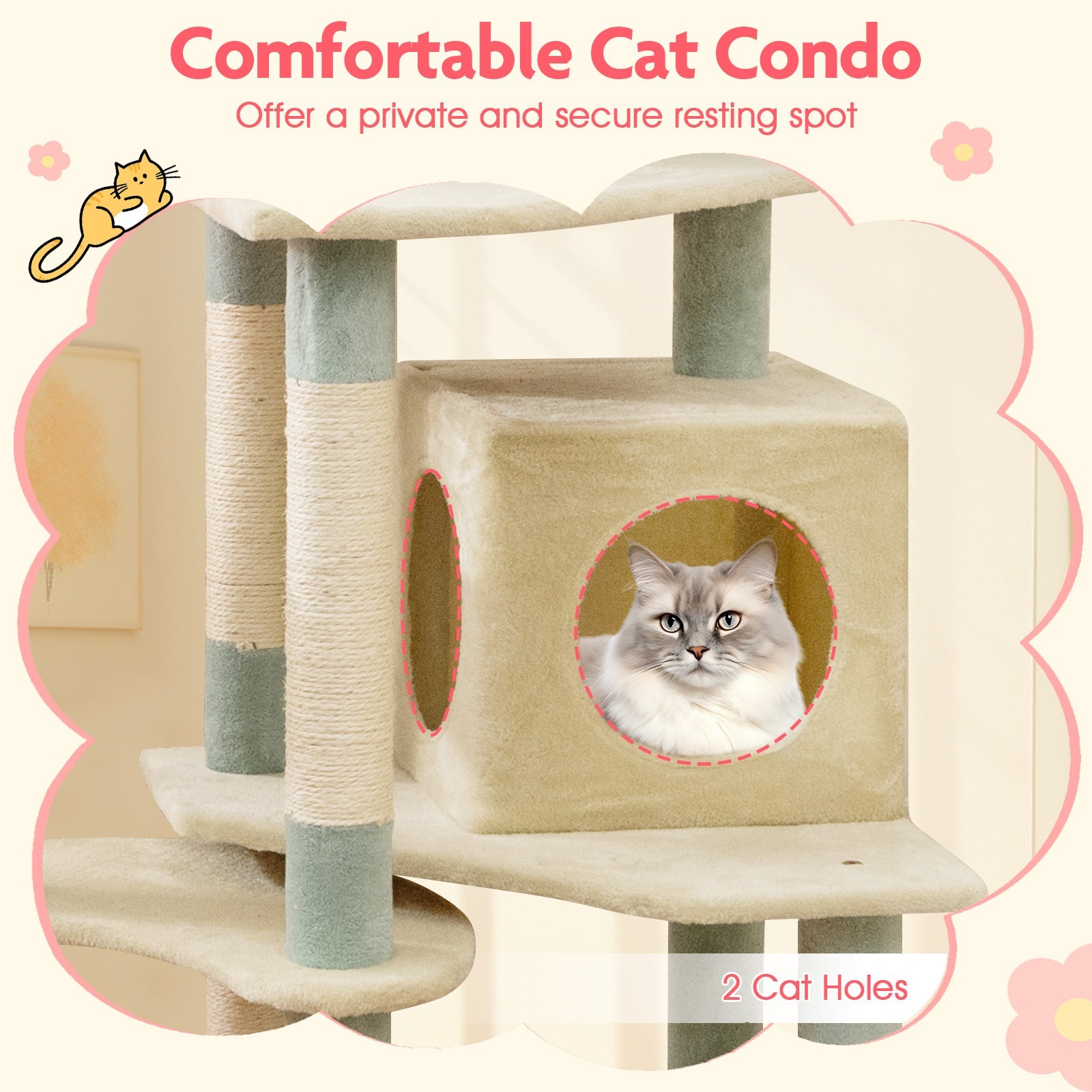 155 cm Tall Cat Tree, Multi-Level Aesthetic Floral Kitten Tower w/Flower-Shaped Plush Padded Perch