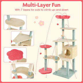 155 cm Tall Cat Tree, Multi-Level Aesthetic Floral Kitten Tower w/Flower-Shaped Plush Padded Perch