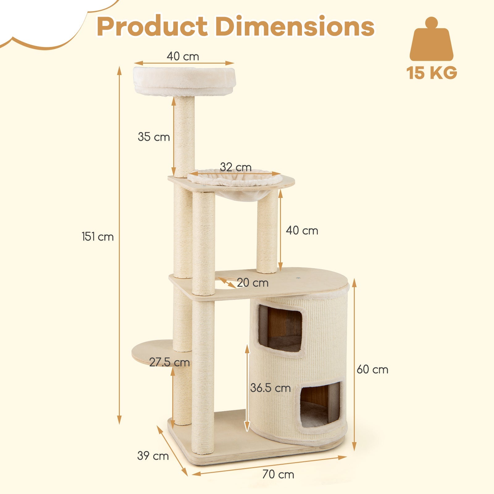 151 cm Wooden Cat Tower with Sisal Scratching Posts and Washable Plush Cushion