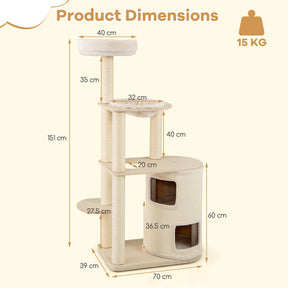 151 cm Wooden Cat Tower with Sisal Scratching Posts and Washable Plush Cushion