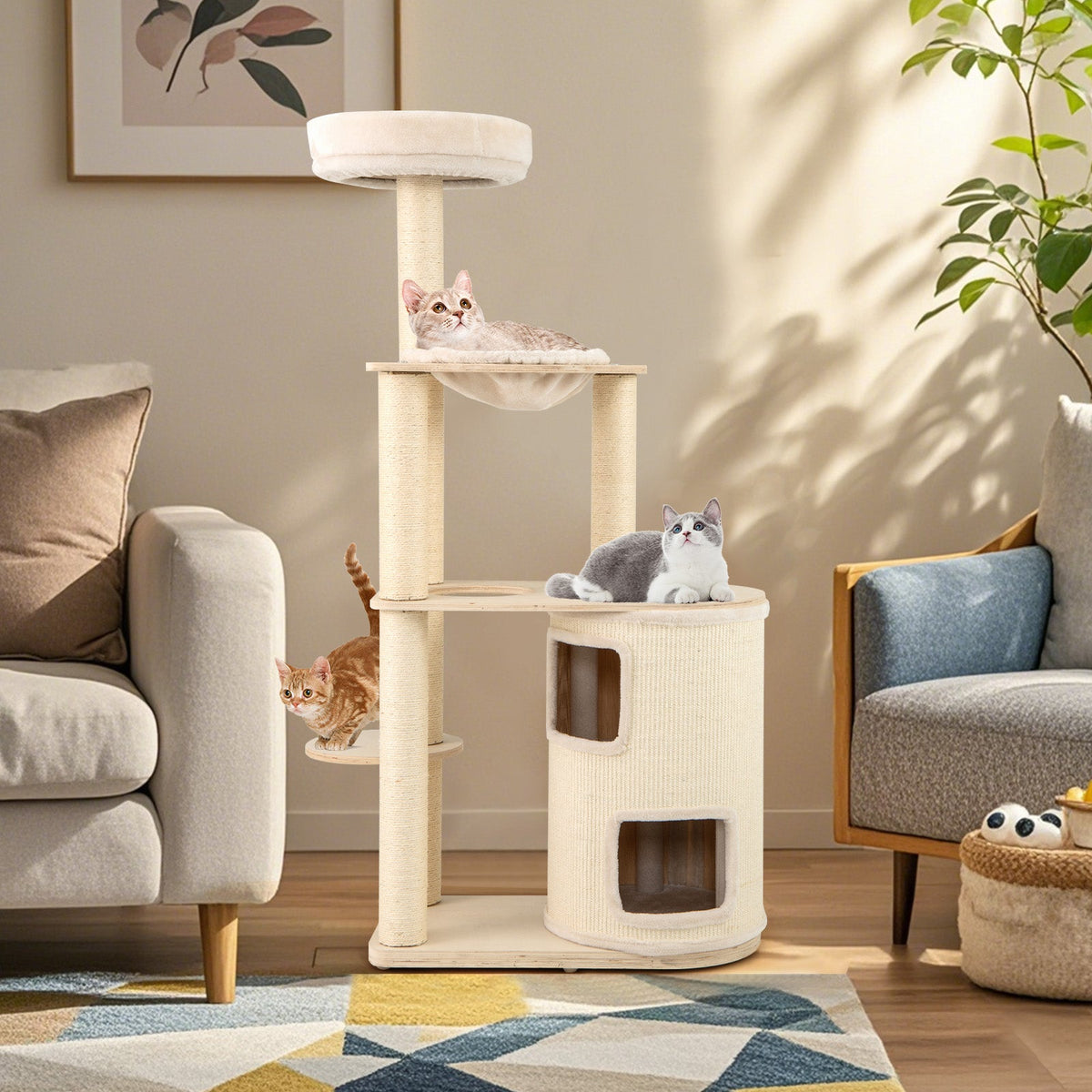 151 cm Wooden Cat Tower with Sisal Scratching Posts and Washable Plush Cushion