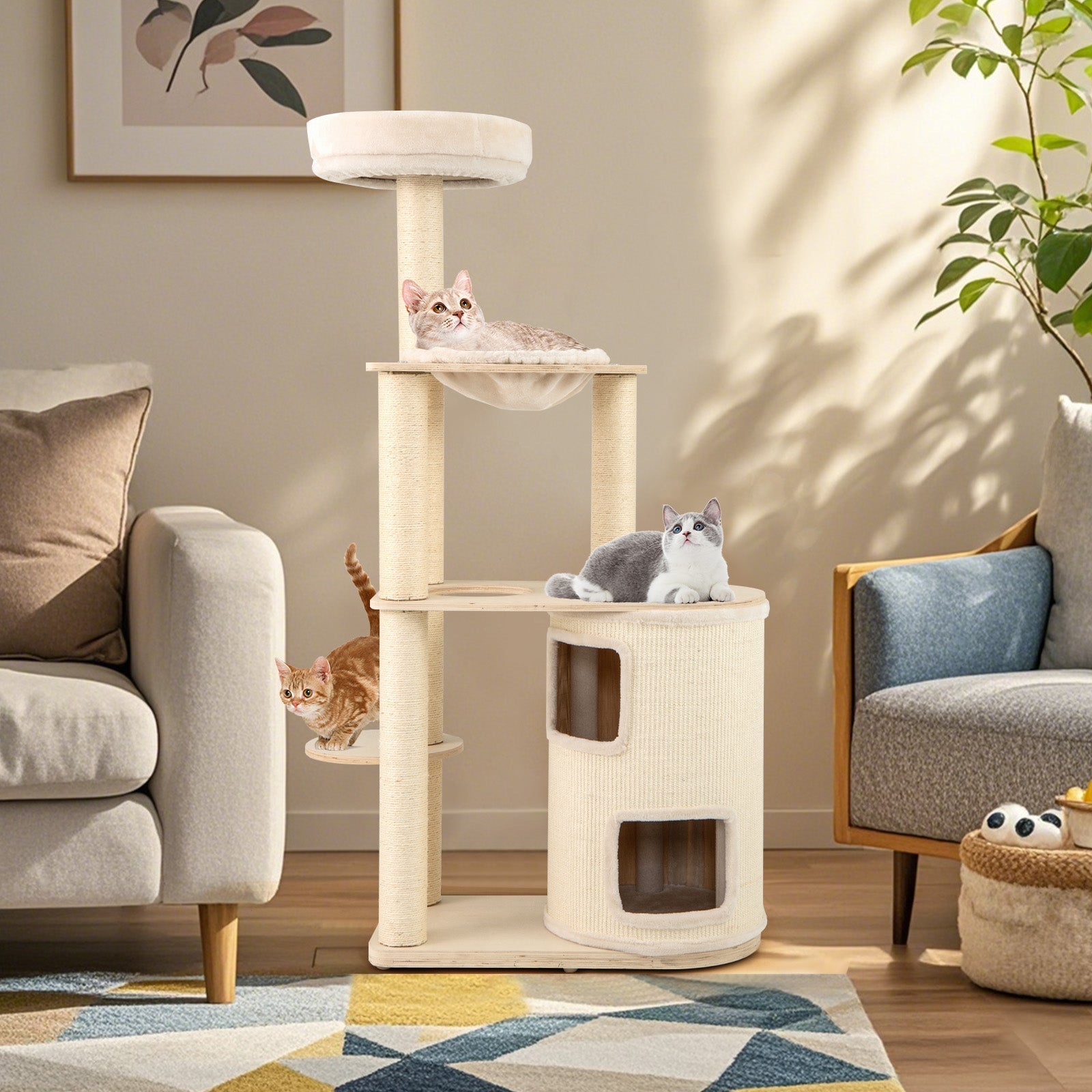 151 cm Wooden Cat Tower with Sisal Scratching Posts and Washable Plush Cushion