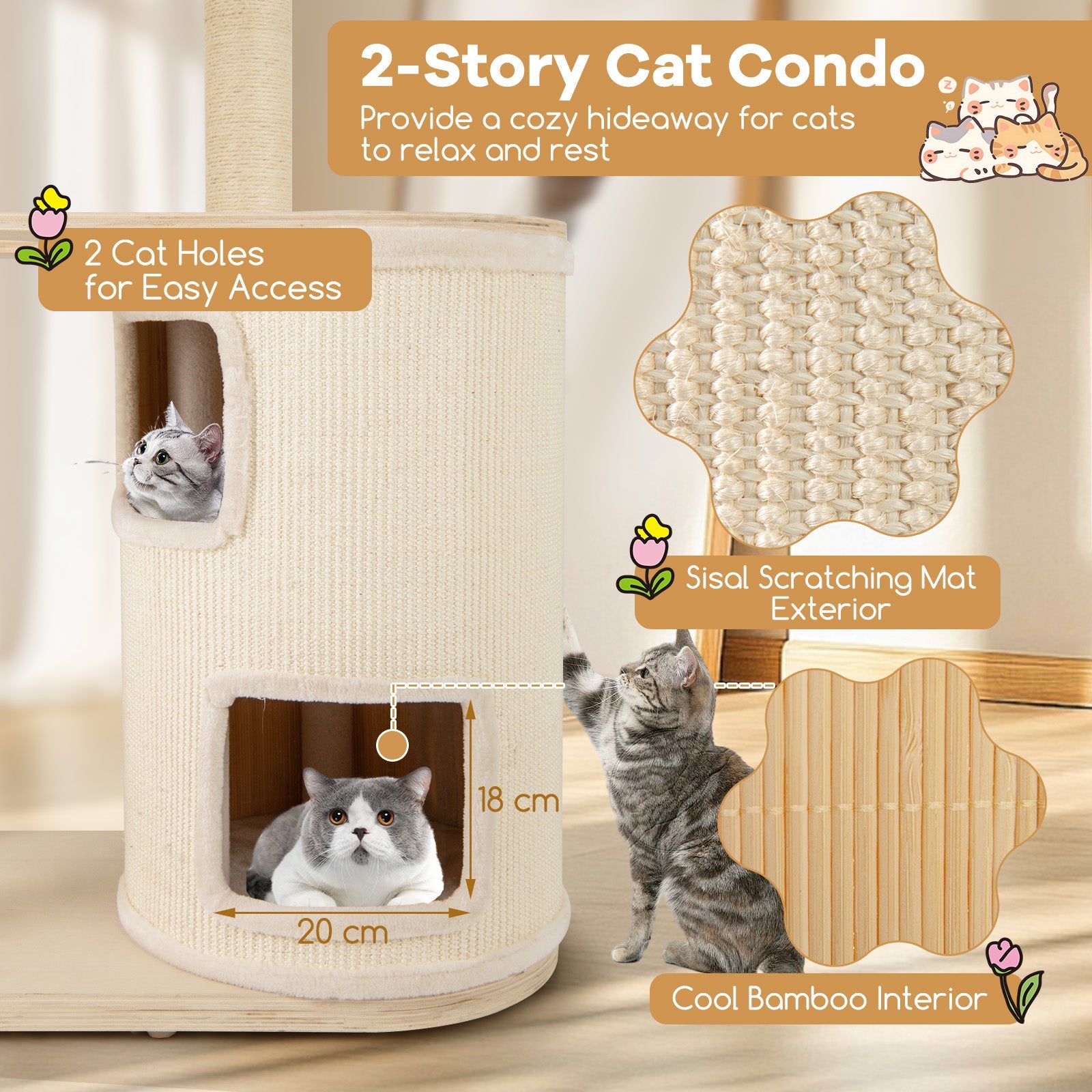 151 cm Wooden Cat Tower with Sisal Scratching Posts and Washable Plush Cushion