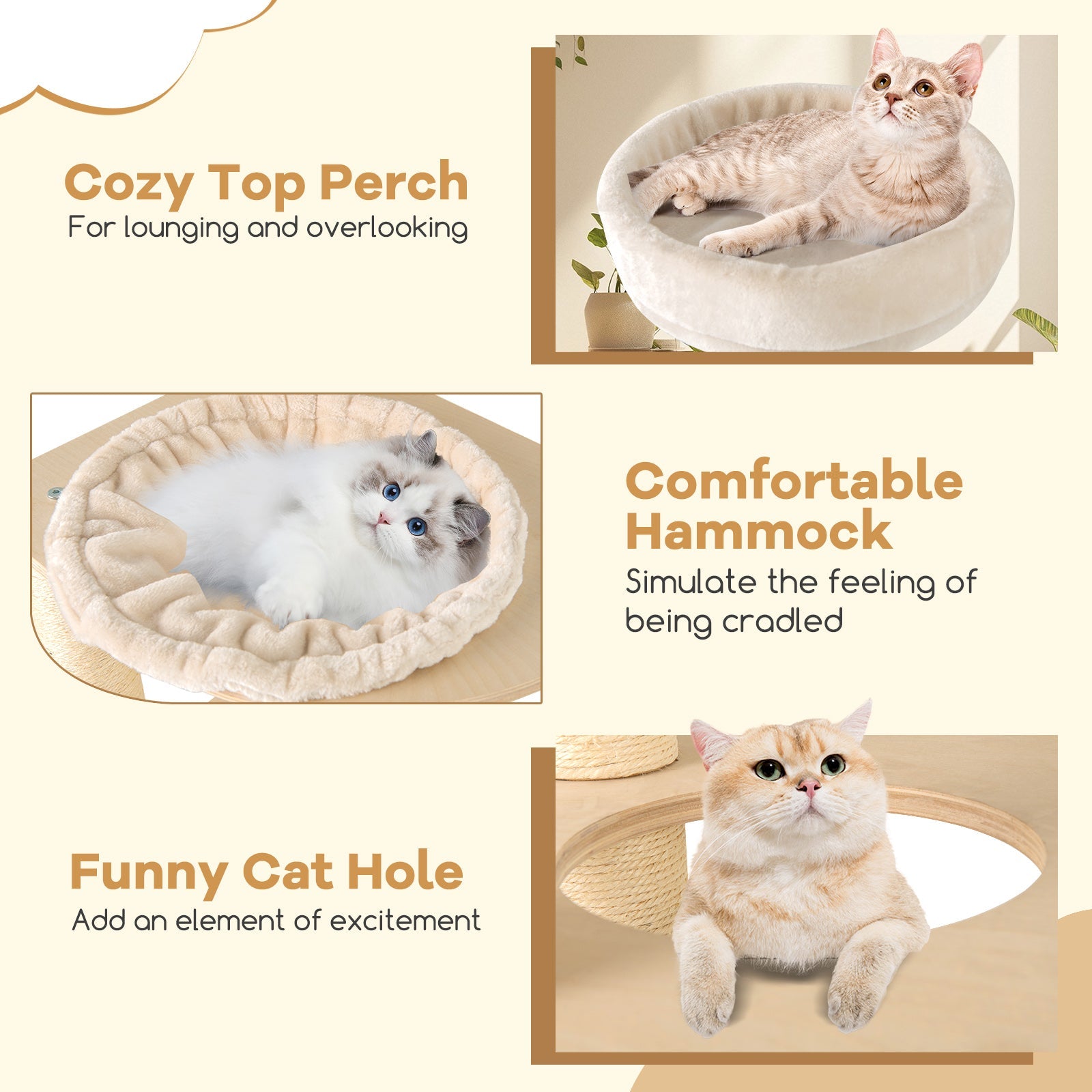 151 cm Wooden Cat Tower with Sisal Scratching Posts and Washable Plush Cushion