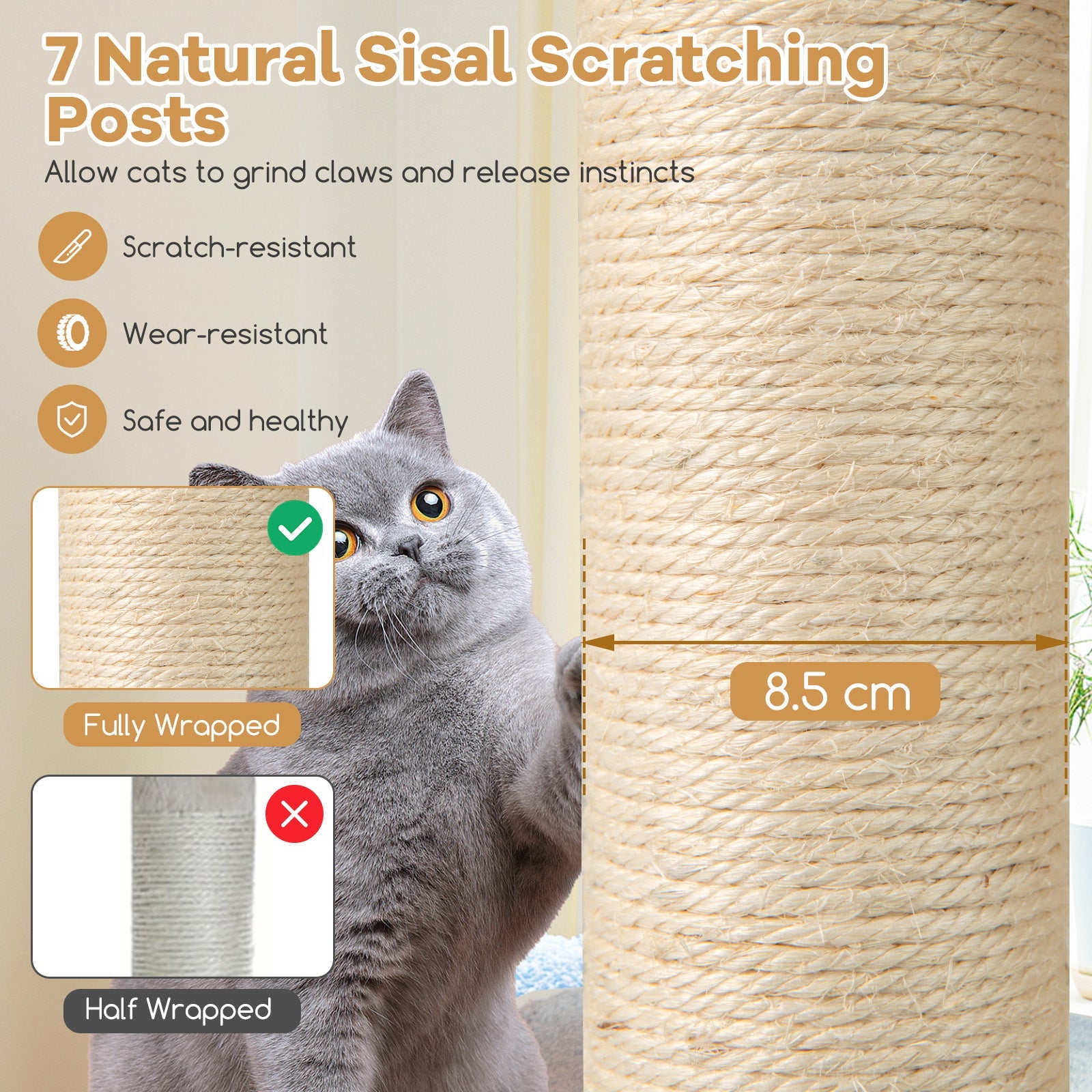 151 cm Wooden Cat Tower with Sisal Scratching Posts and Washable Plush Cushion