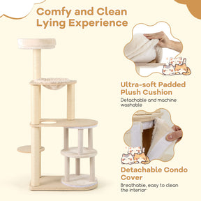 151 cm Wooden Cat Tower with Sisal Scratching Posts and Washable Plush Cushion