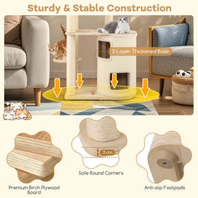151 cm Wooden Cat Tower with Sisal Scratching Posts and Washable Plush Cushion