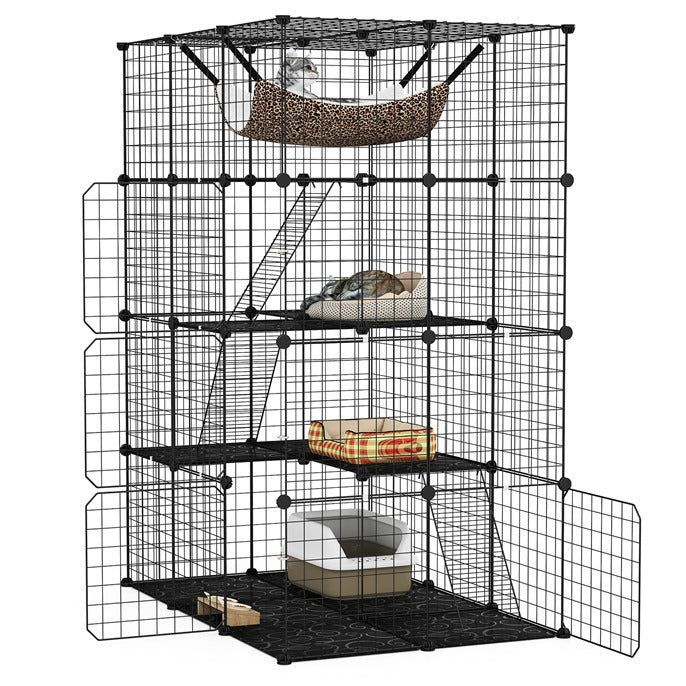 3/4 Tier Cat Enclosure, 107 CM Large Cat Cage w/Comfy Hammock, 2 Ladders, 3 Doors & 1 Sky Window for Easy Access