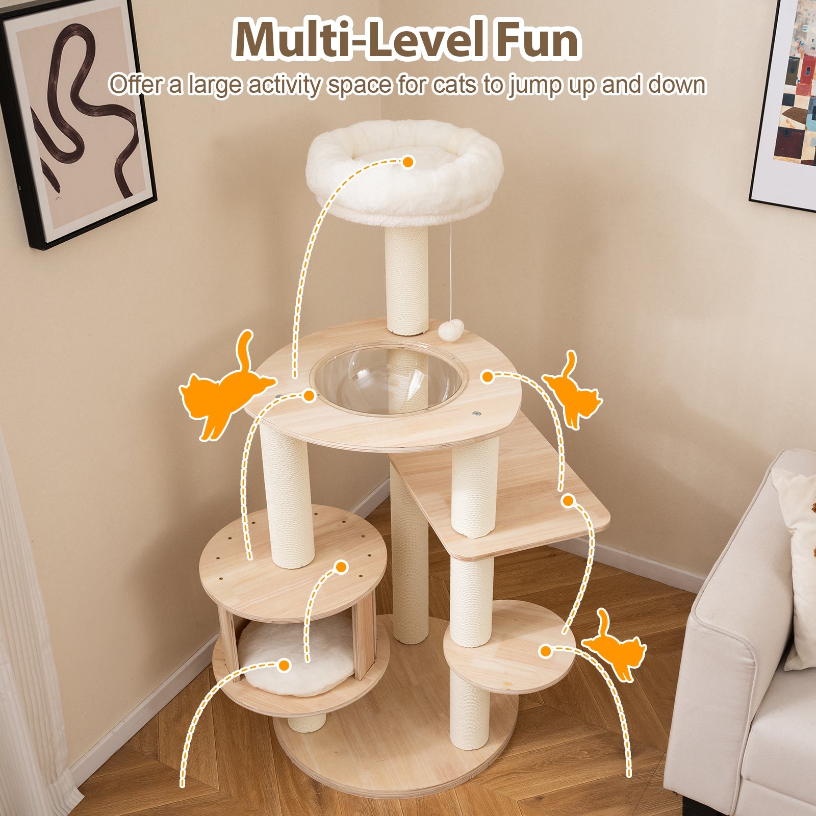 132cm Tall Wooden Cat Tree with Condo and Multi-Level Climbing Stand