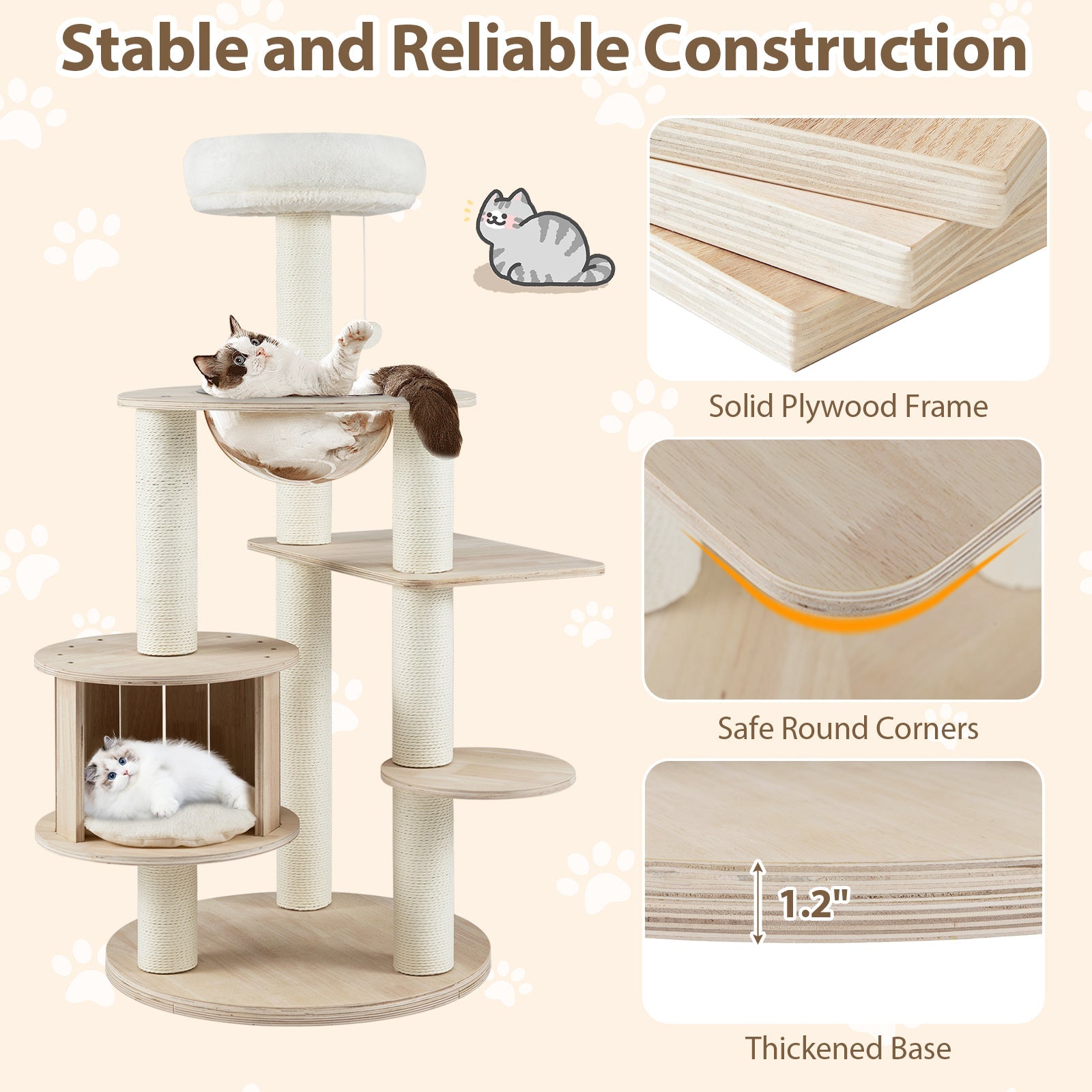 132cm Tall Wooden Cat Tree with Condo and Multi-Level Climbing Stand