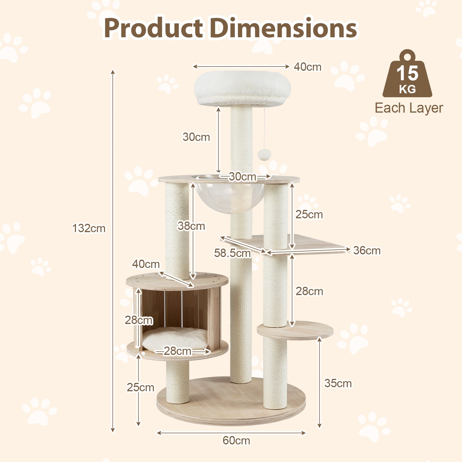 132cm Tall Wooden Cat Tree with Condo and Multi-Level Climbing Stand