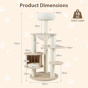 132cm Tall Wooden Cat Tree with Condo and Multi-Level Climbing Stand