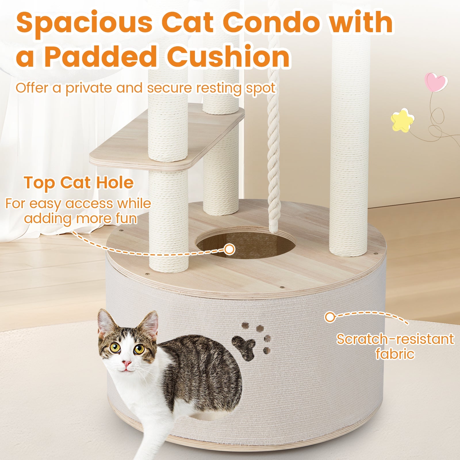 141cm Tall Wooden Cat Tree with Condo and Washable Plush Cushions for Indoor Cats