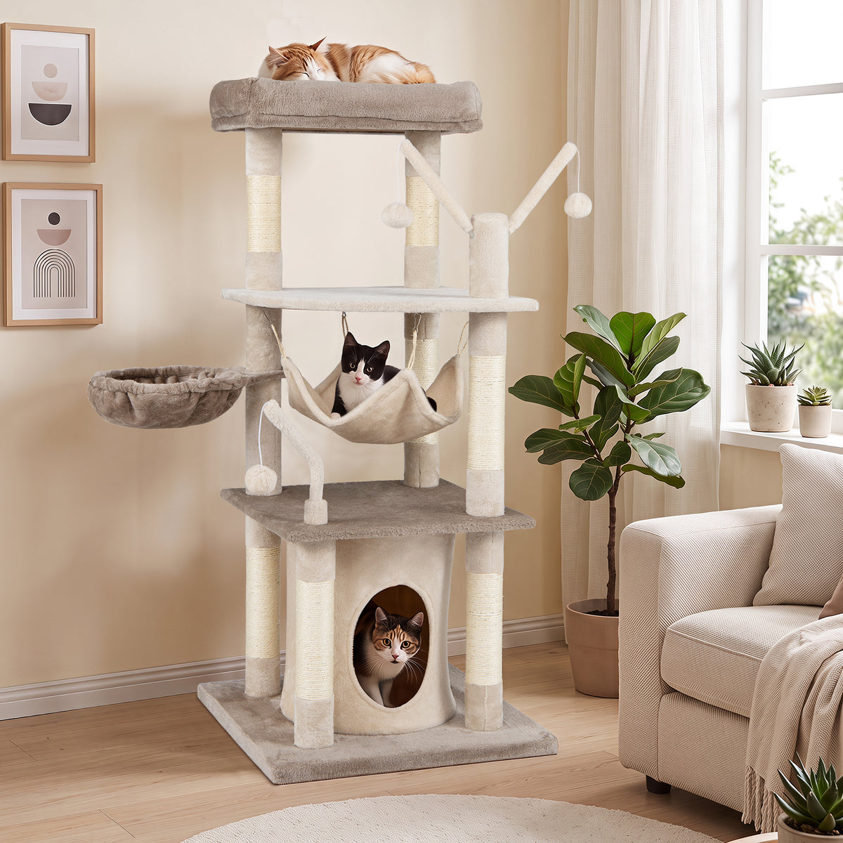 127cm Tall Cat Tree with Scratching Post for Indoor Felines