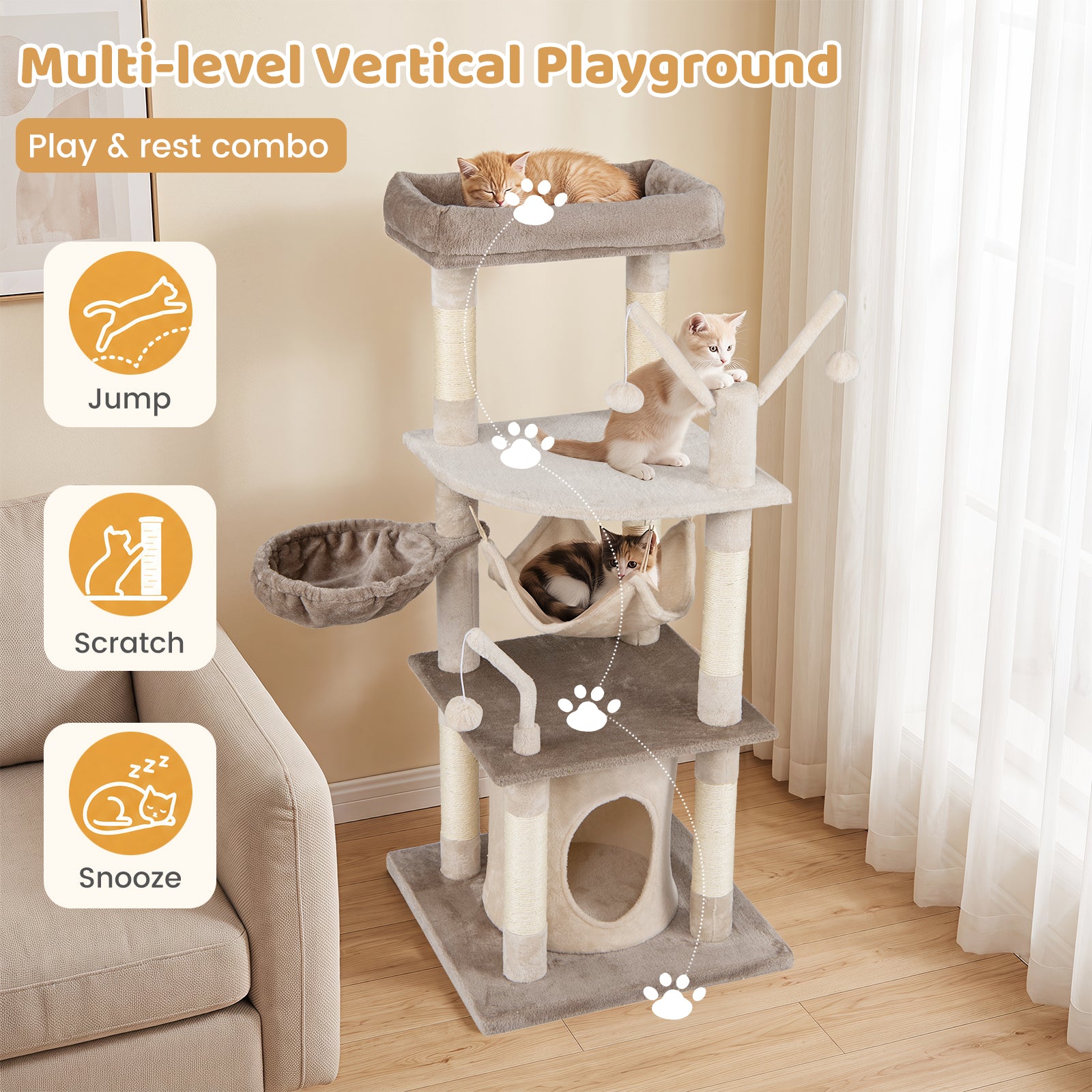 127cm Tall Cat Tree with Scratching Post for Indoor Felines