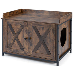 Cat Litter Box Enclosure, Hidden Litter Box Furniture with 2 Barn Doors, Metal Legs and Side Entrance