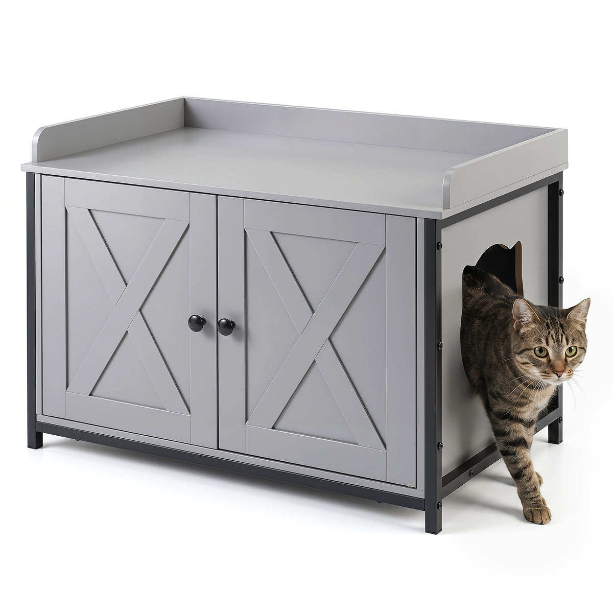 Cat Litter Box Enclosure, Hidden Litter Box Furniture with 2 Barn Doors, Metal Legs and Side Entrance