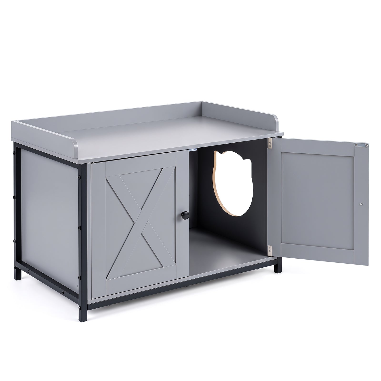 Cat Litter Box Enclosure, Hidden Litter Box Furniture with 2 Barn Doors, Metal Legs and Side Entrance
