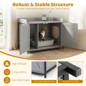 Cat Litter Box Enclosure, Hidden Litter Box Furniture with 2 Barn Doors, Metal Legs and Side Entrance