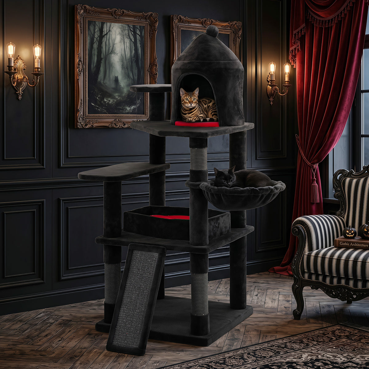Gothic Cat Tree for Indoor Cats, 127cm Large Cat Tower w/ House, Coffin Bed, Spider Hanging Ball