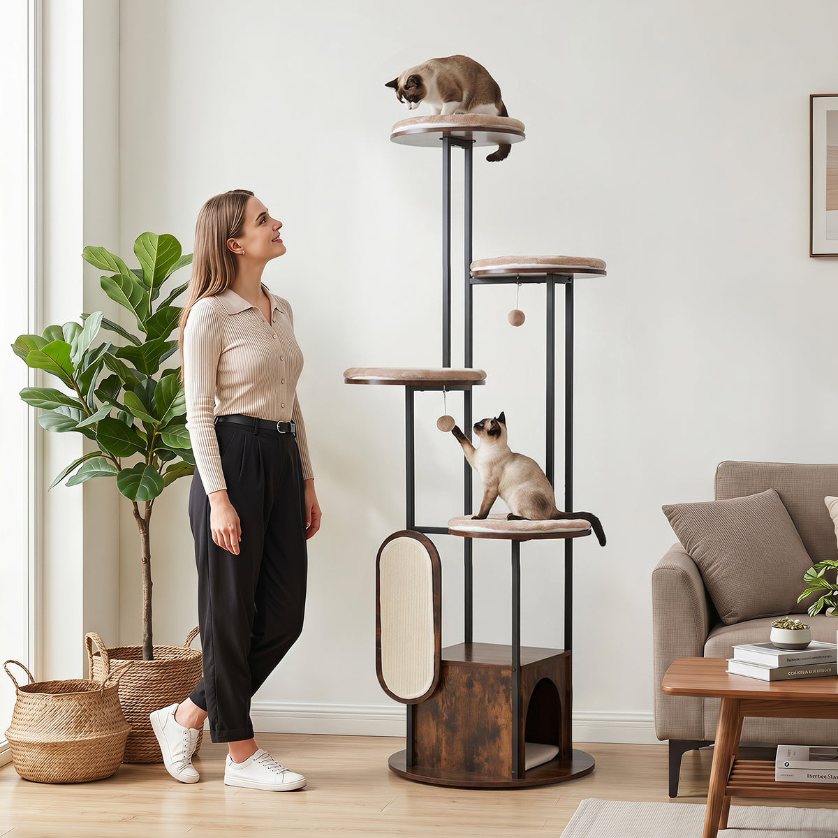 Modern Cat Tree Tower, 1.8m Tall Multi-Level Cat Condo with Top Perch