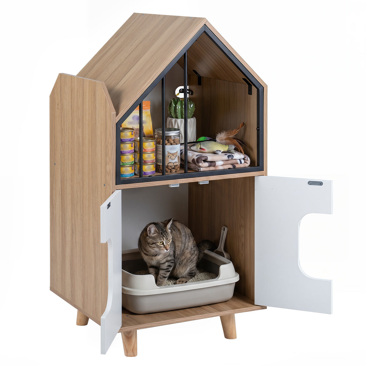 Modern Cat Litter Box Enclosure, 3-in-1 Hidden Cat House Cabinet with Shelf