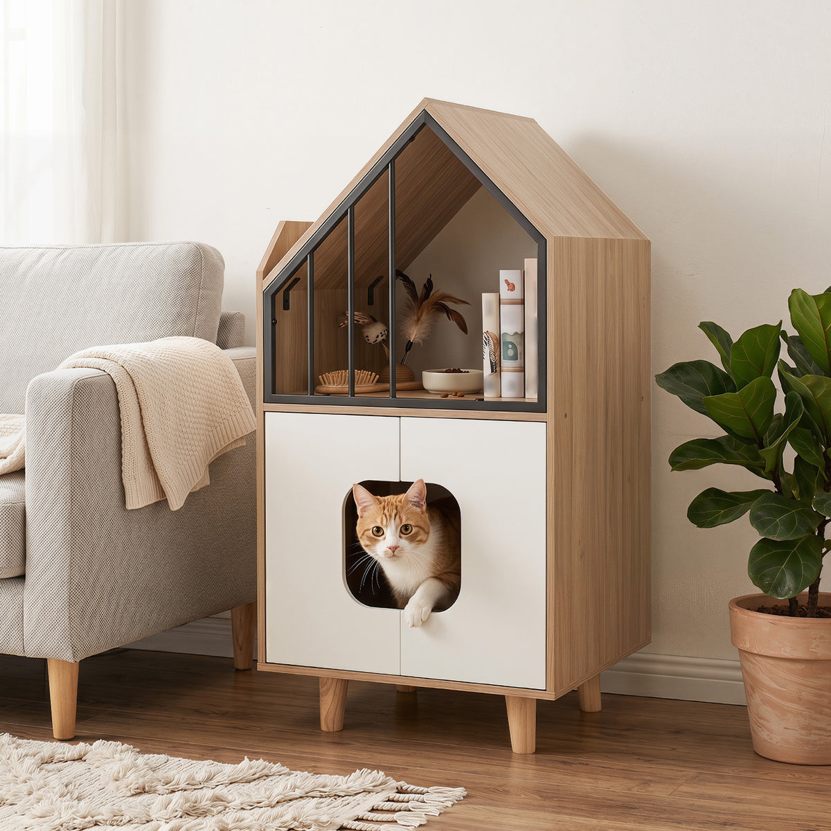 Modern Cat Litter Box Enclosure, 3-in-1 Hidden Cat House Cabinet with Shelf