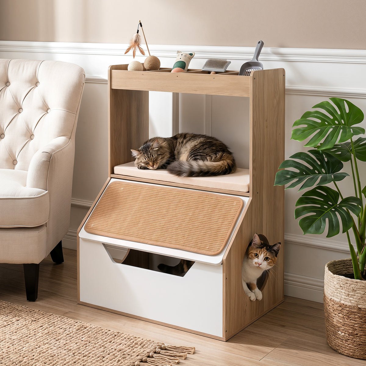 Modern Cat Litter Box Enclosure, 3-in-1 Hidden Cat House Cabinet with 4 Cubbies