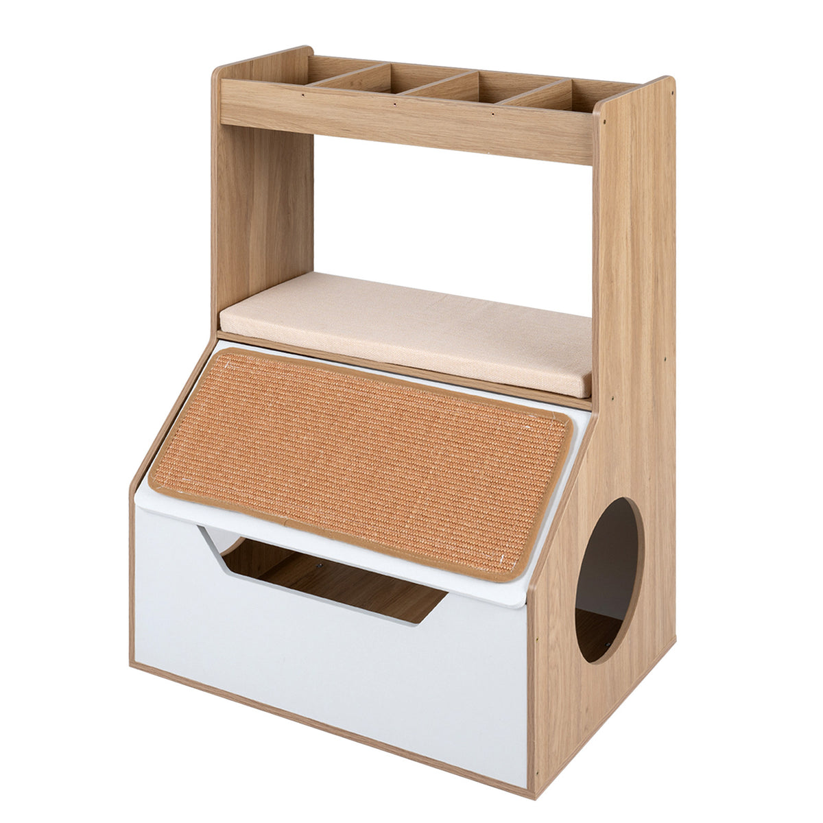 Modern Cat Litter Box Enclosure, 3-in-1 Hidden Cat House Cabinet with 4 Cubbies