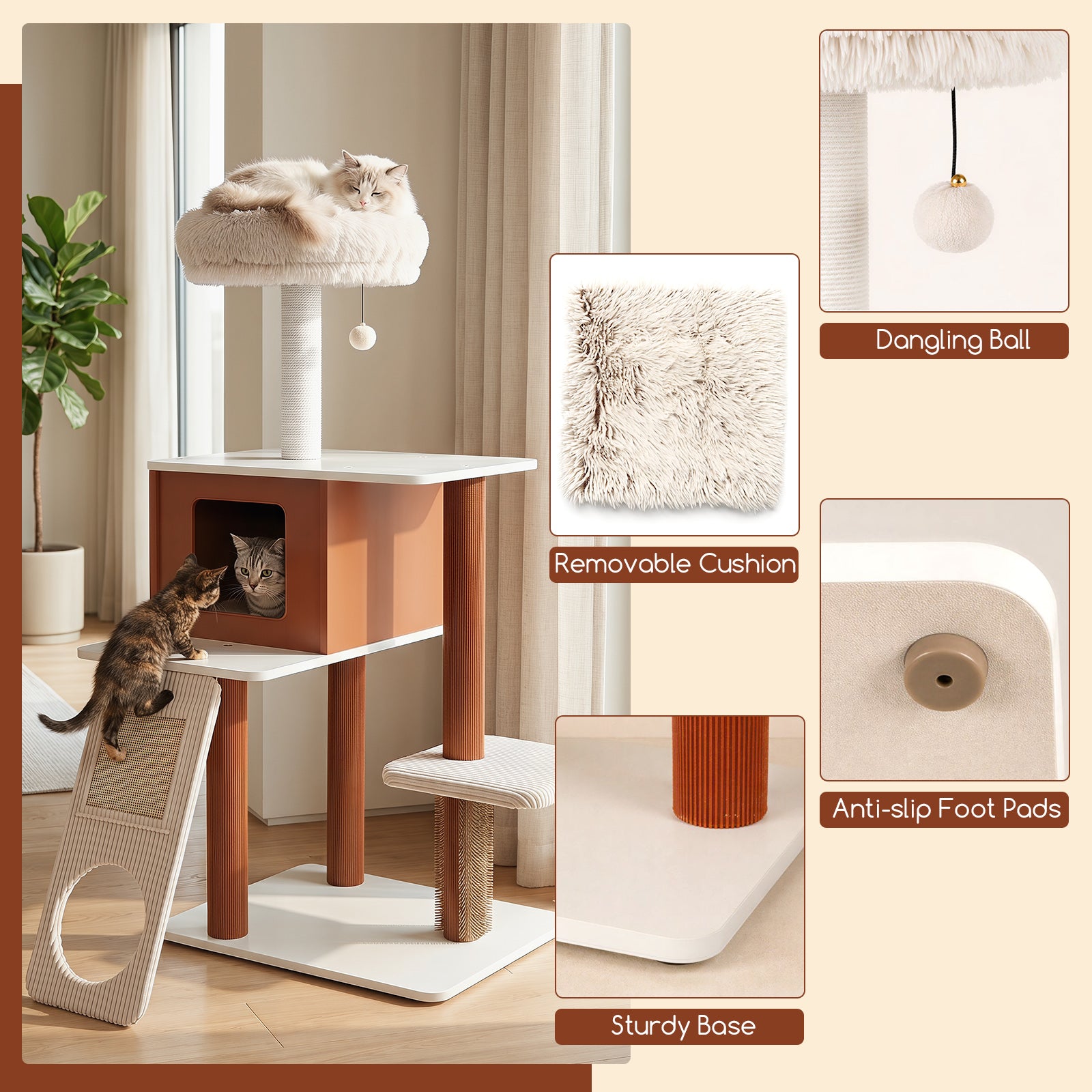 Modern Cat Tree Tower, Multi-Level Climbing Tower with Scratching Post & Groomer Brush Post
