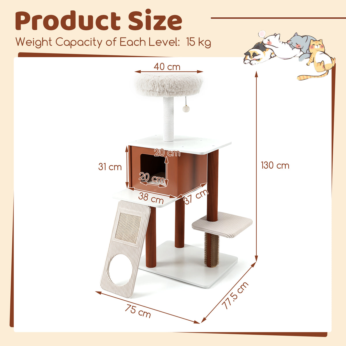 Modern Cat Tree Tower, Multi-Level Climbing Tower with Scratching Post & Groomer Brush Post