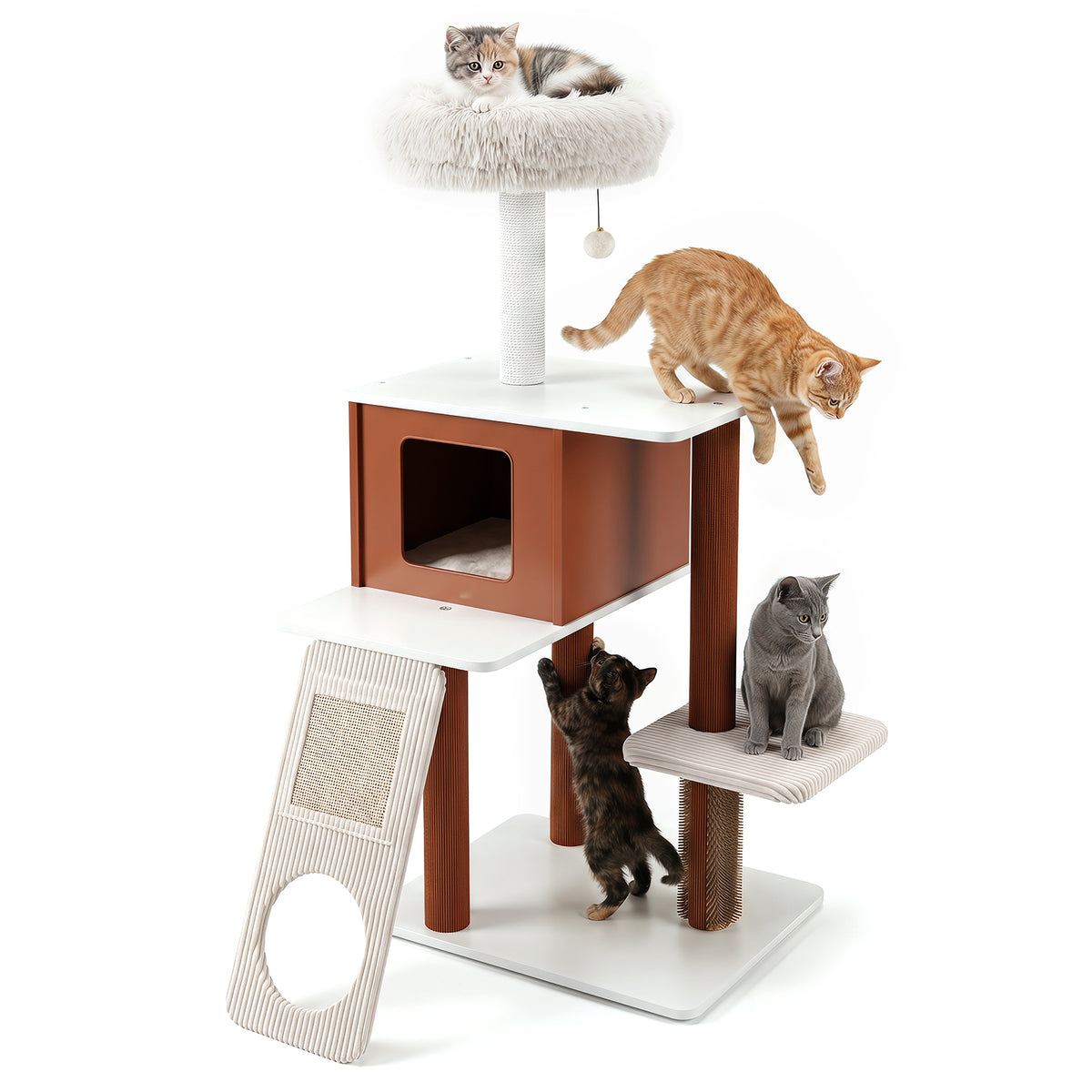 Modern Cat Tree Tower, Multi-Level Climbing Tower with Scratching Post & Groomer Brush Post