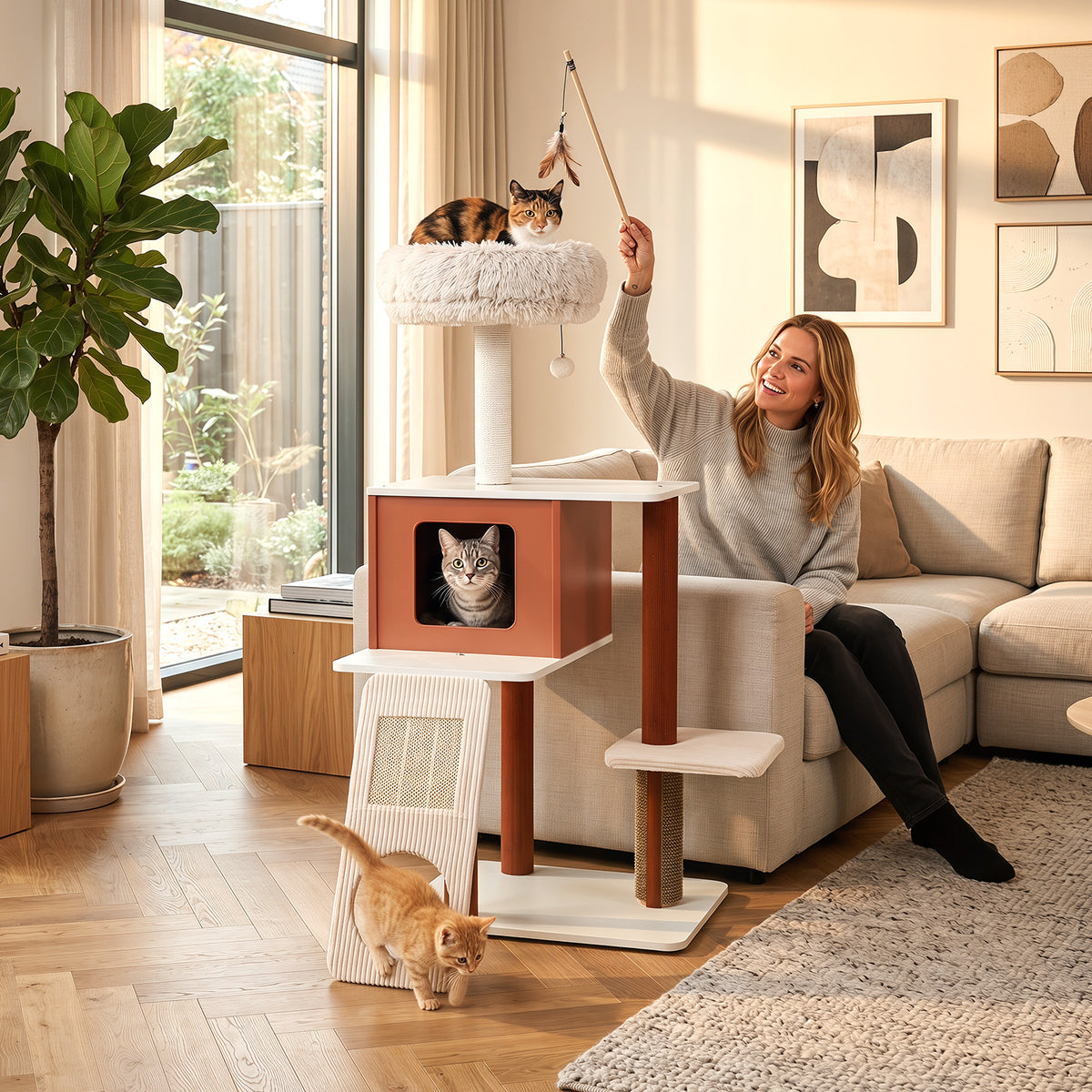 Modern Cat Tree Tower, Multi-Level Climbing Tower with Scratching Post & Groomer Brush Post