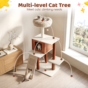 Modern Cat Tree Tower, Multi-Level Climbing Tower with Scratching Post & Groomer Brush Post