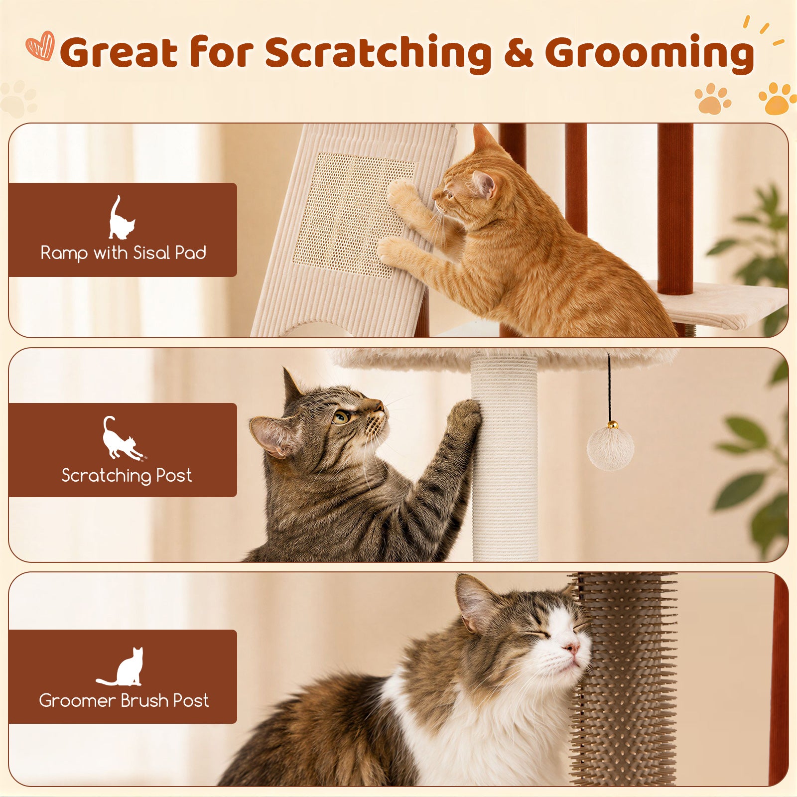 Modern Cat Tree Tower, Multi-Level Climbing Tower with Scratching Post & Groomer Brush Post