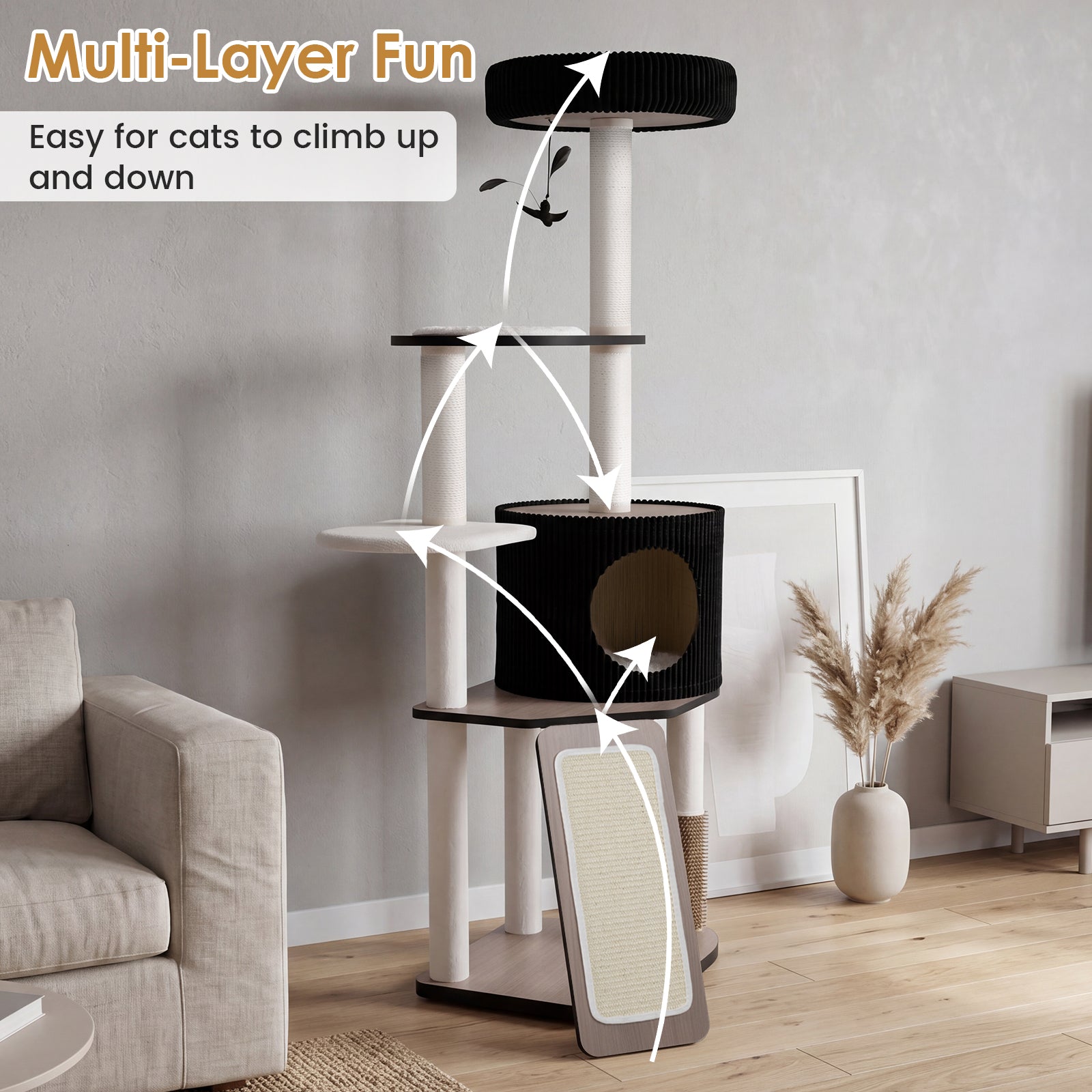 61"/155 CM Large Cat Tree Tower, Multi-Level Indoor Pet Activity Center with Condo