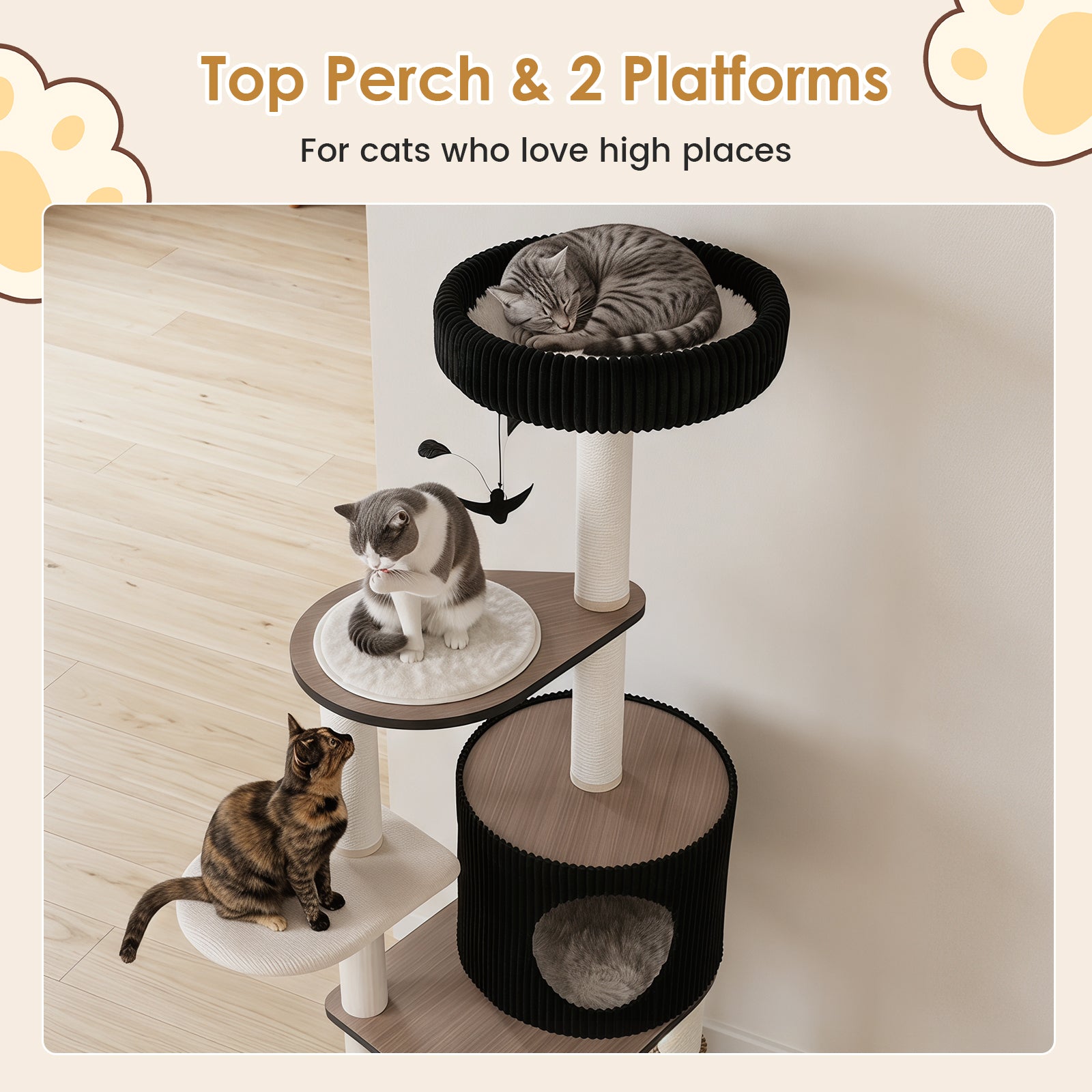 61"/155 CM Large Cat Tree Tower, Multi-Level Indoor Pet Activity Center with Condo