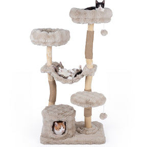 147cm Cat Tree Tower with Cat Cave, Hanging Hammock & 3 Platforms