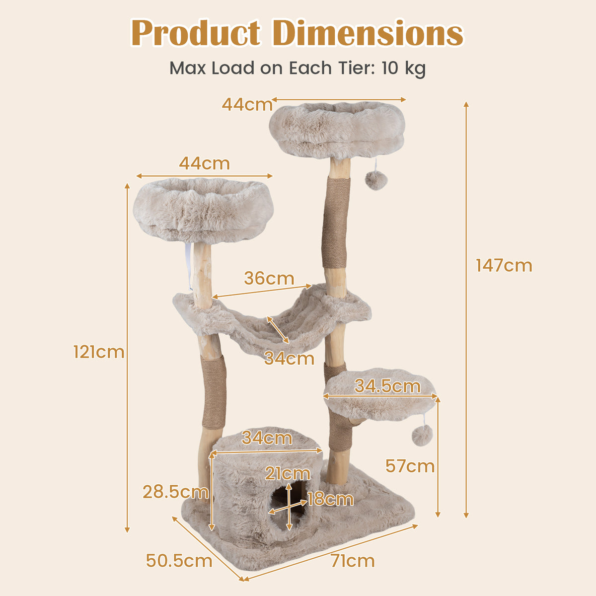 147cm Cat Tree Tower with Cat Cave, Hanging Hammock & 3 Platforms